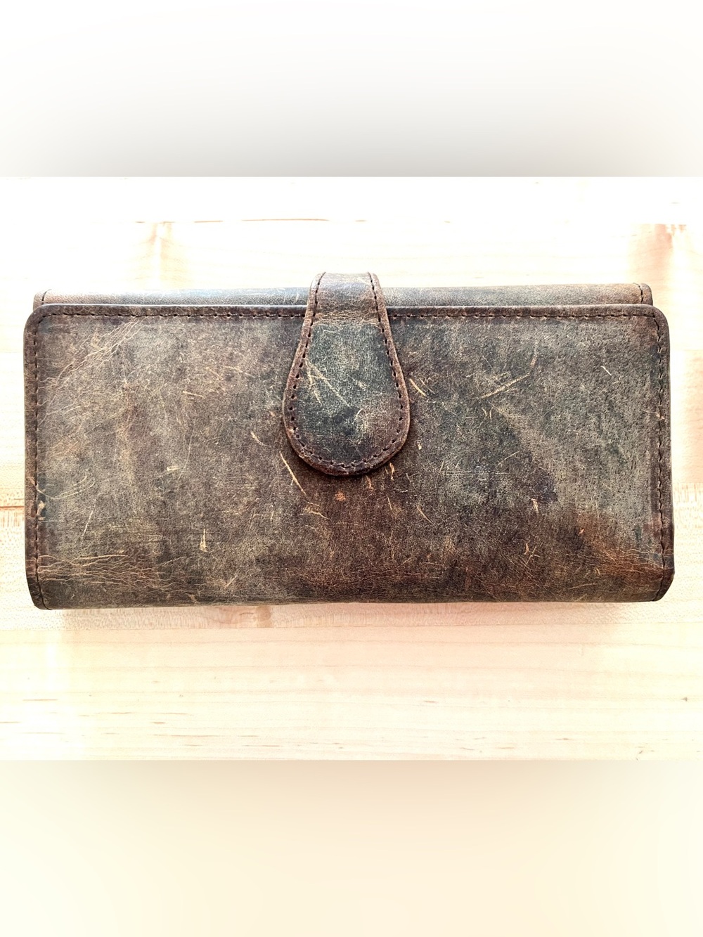Estalon Distressed Brown Leather Wallet with Tab Closure